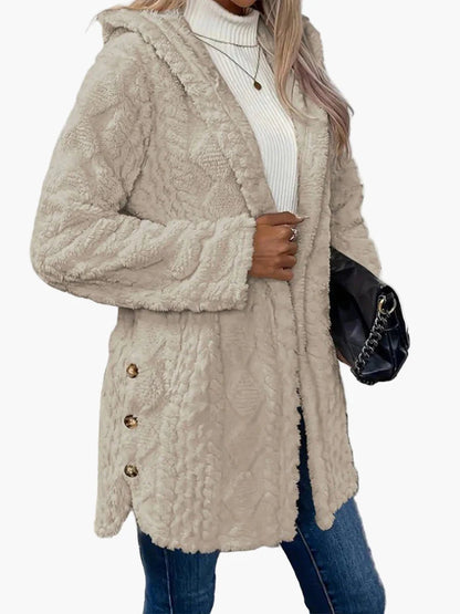 Damen Fleece Kapuzenjacke mit Knopfdetails – Kuschelige Freizeitjacke für Herbst & Winter