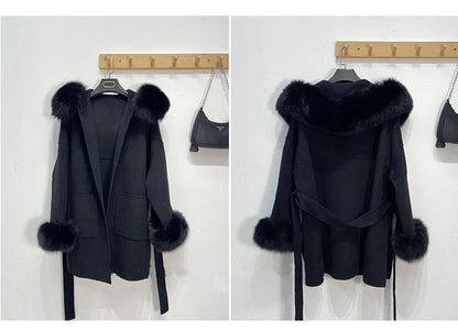 Damen Kurzmantel mit Kapuze und Fellbesatz Bindegürtel & großen Taschen