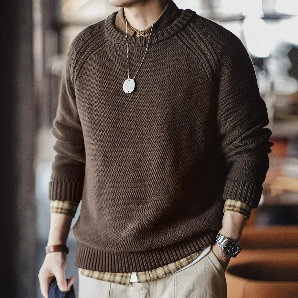 Herren Rundhals Strickpullover Braun Langarm
