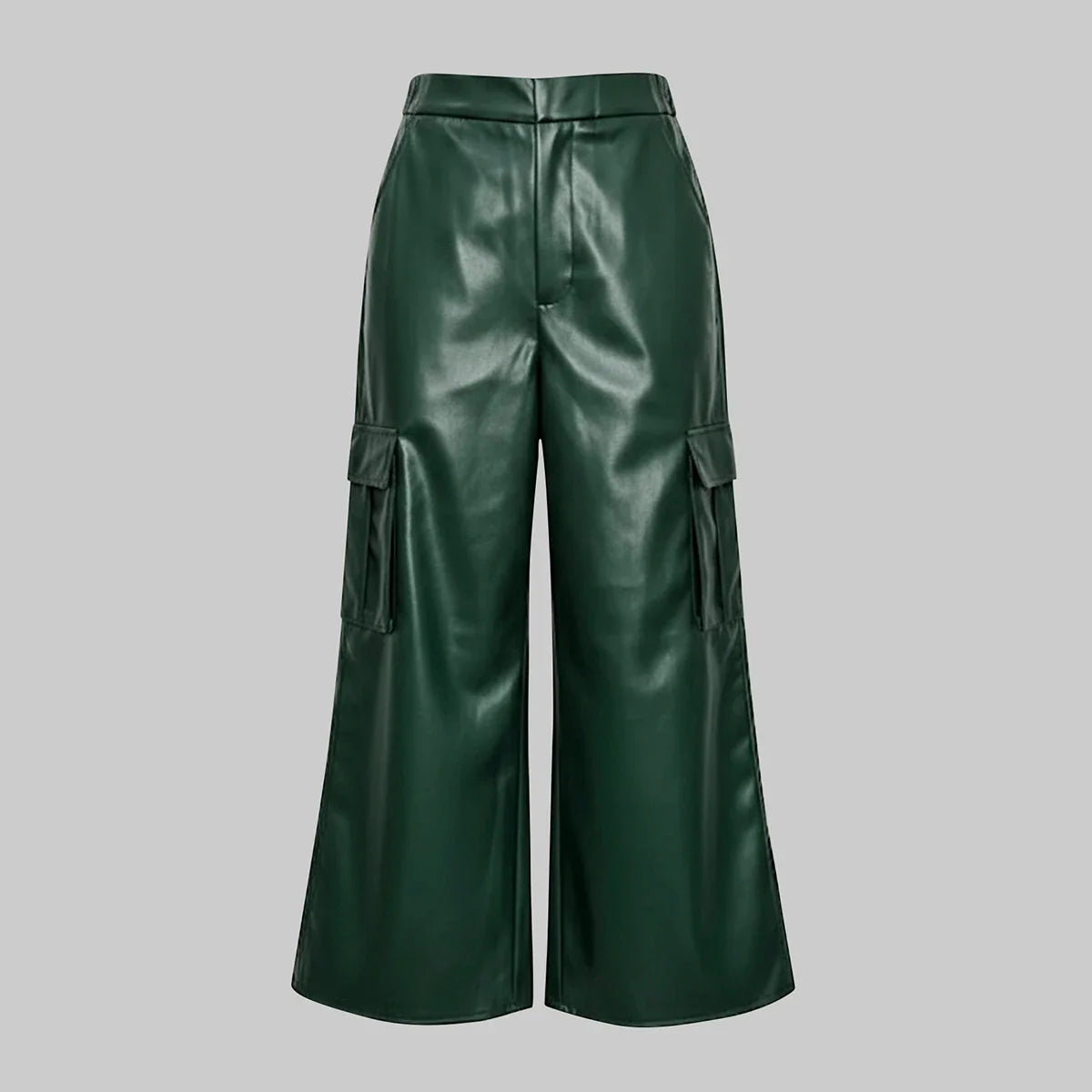 Damen Weite Hose in Lederoptik mit Cargotaschen Grün