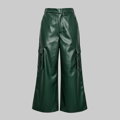 Damen Weite Hose in Lederoptik mit Cargotaschen Grün