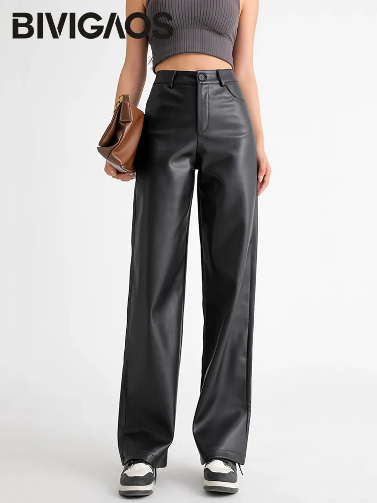 Damen Kunstlederhose Weites Bein Hoher Bund