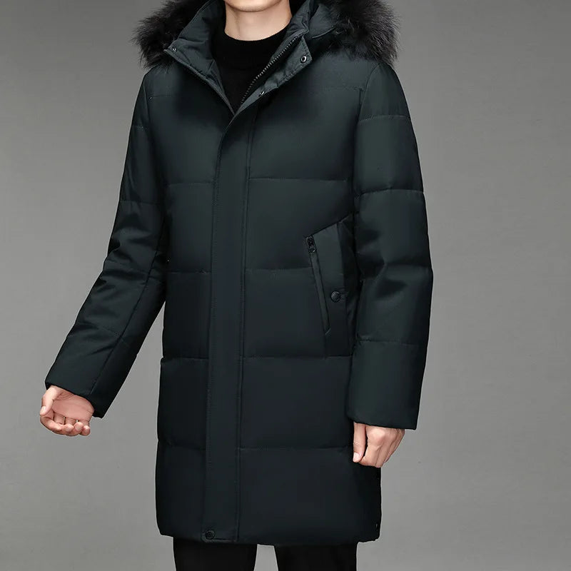 Herren Winterparka Schwarz mit Kapuze und Pelzbesatz