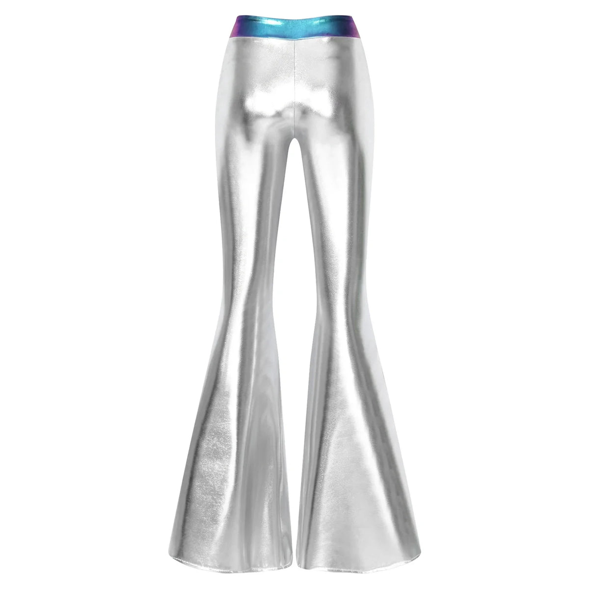 Damen Metallic Schlaghose Silber Glänzend Hohe Taille