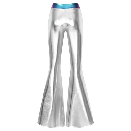 Damen Metallic Schlaghose Silber Glänzend Hohe Taille