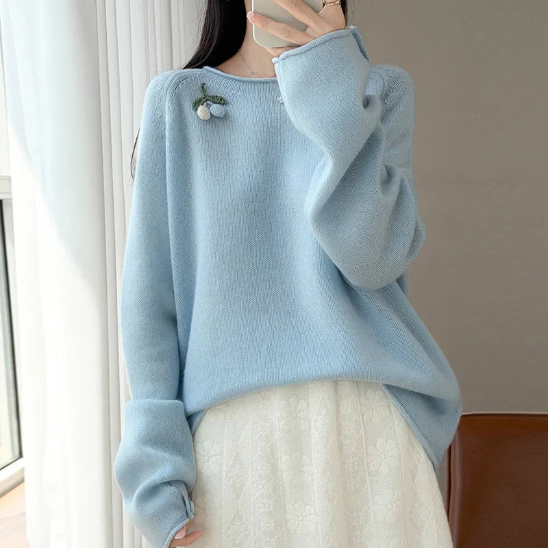 Damen Pullover Langarm Rundhals mit Beeren-Applikation