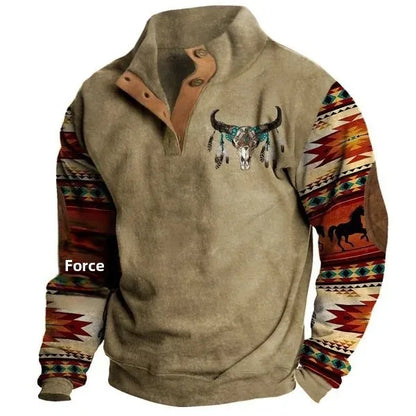Herren Vintage Western Pullover mit Aztekenmuster und Halbknopfleiste – Freizeit Langarmshirt