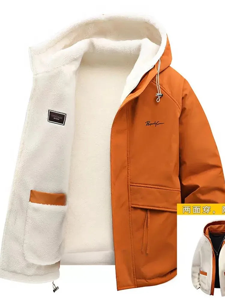 Herren Winterjacke mit Kapuze und Teddyfutter, Winddichte Übergangsjacke