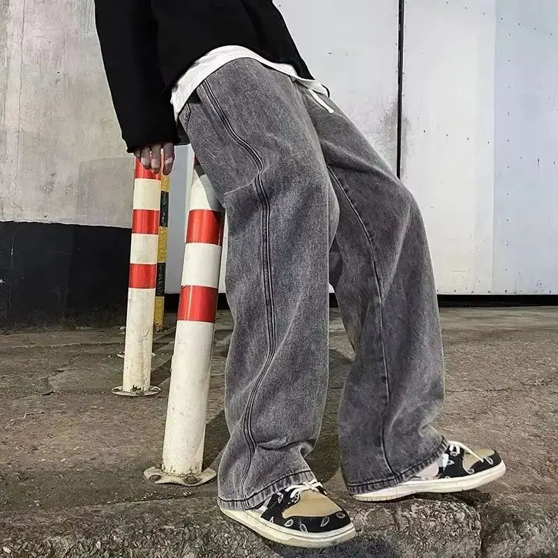 Loose Fit Jeans Herren Weites Bein Hoher Bund Grau