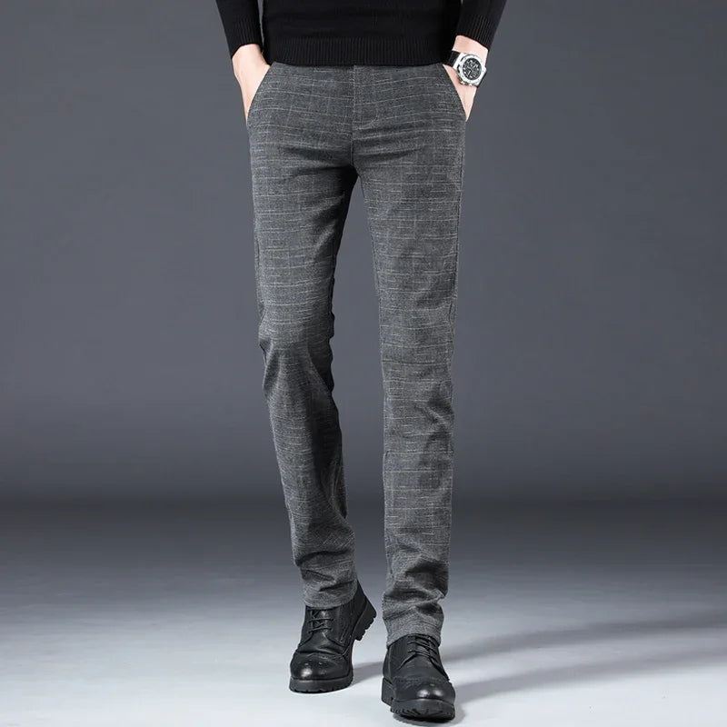 Herren Hose Grau Kariert Slim Fit Stoffhose
