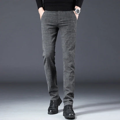 Herren Hose Grau Kariert Slim Fit Stoffhose