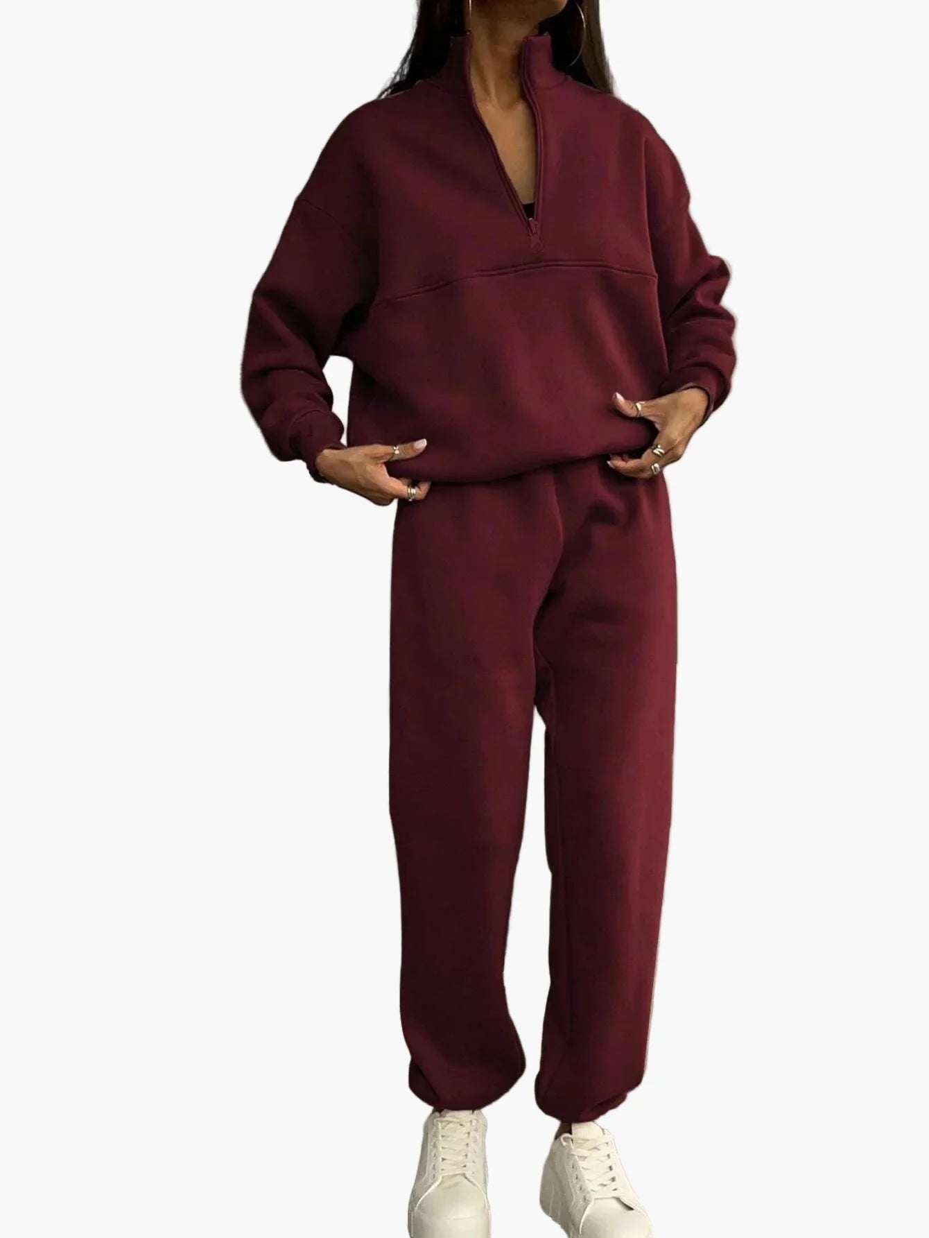 Damen Freizeit Zweiteiler Set – Bequemer Pullover mit Reißverschluss und Jogginghose, Lässiger Streetwear-Look für Alltag und Freizeit