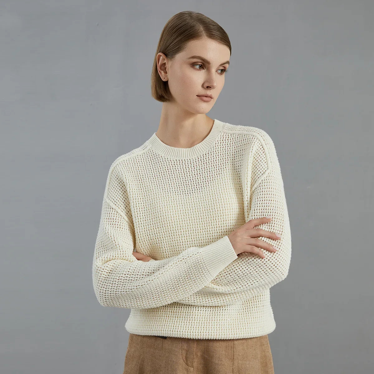 Damen Grobstrick Pullover Rundhals Langarm Weiß