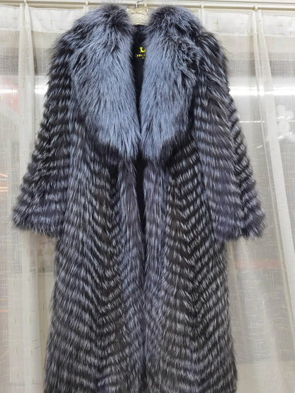 Damen Langer Mantel aus Kunstfell mit Chevron-Muster und Kragen