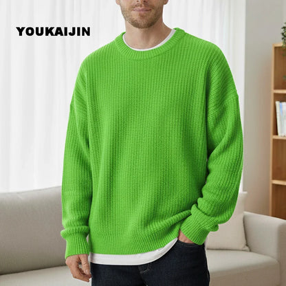 Herren Strickpullover Rundhals Weit Geschnitten Gerippte Bündchen