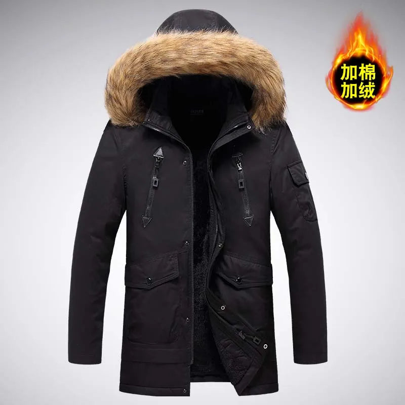 Herren Winterparka mit Kapuze und Pelzbesatz, warm gefütterte Jacke mit Reißverschluss- und Pattentaschen