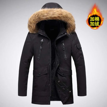 Herren Winterparka mit Kapuze und Pelzbesatz, warm gefütterte Jacke mit Reißverschluss- und Pattentaschen