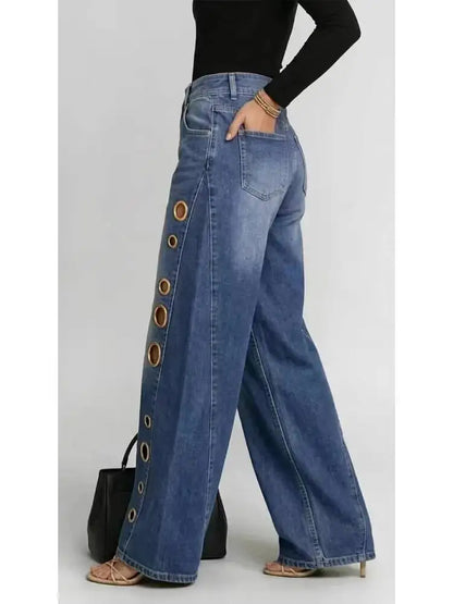 Damen Weite Jeans Hose mit Ösen Details und Hohem Bund