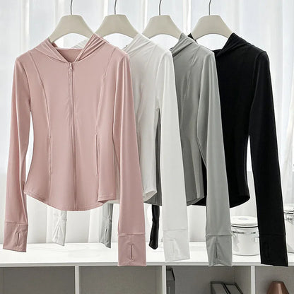 Damen Sportjacke mit Kapuze und Reißverschluss, tailliert, Daumenlöchern, langärmelig, Rosa