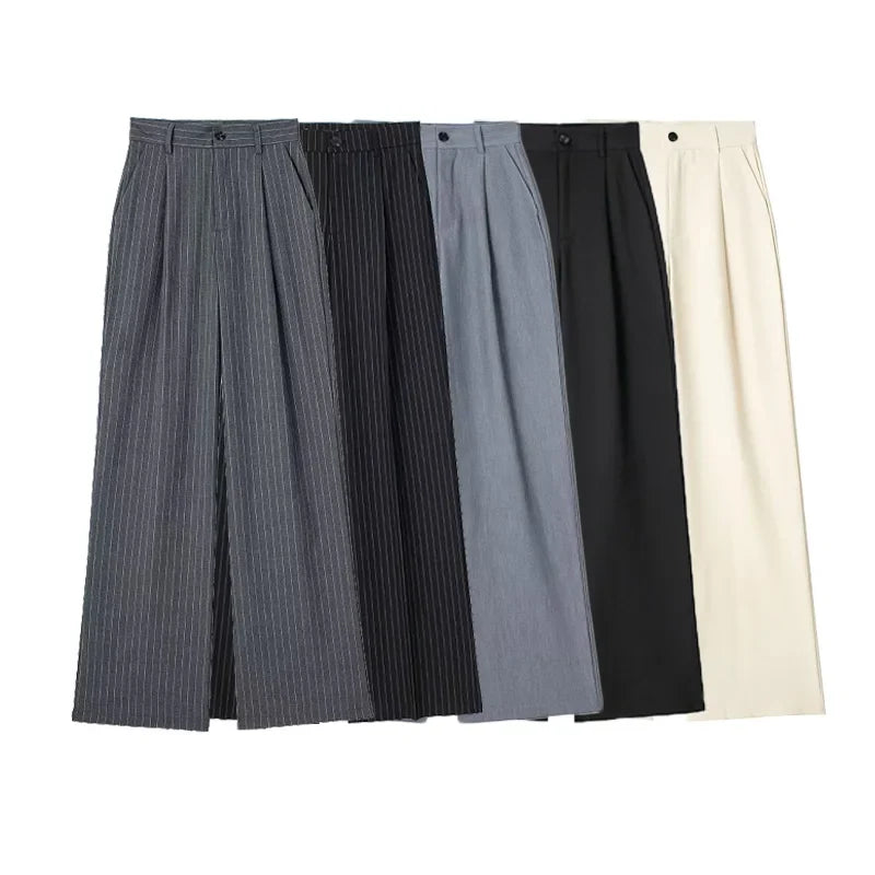 Damen Weite Hosen High Waist Straight Leg mit Faltenwurf – Schwarz, Beige, Grau, Gestreift