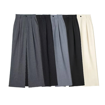 Damen Weite Hosen High Waist Straight Leg mit Faltenwurf – Schwarz, Beige, Grau, Gestreift
