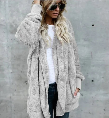 Damen Kuscheliger Teddyfell Cardigan Langarm Offene Vorderseite