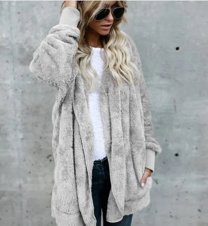 Damen Kuscheliger Teddyfell Cardigan Langarm Offene Vorderseite