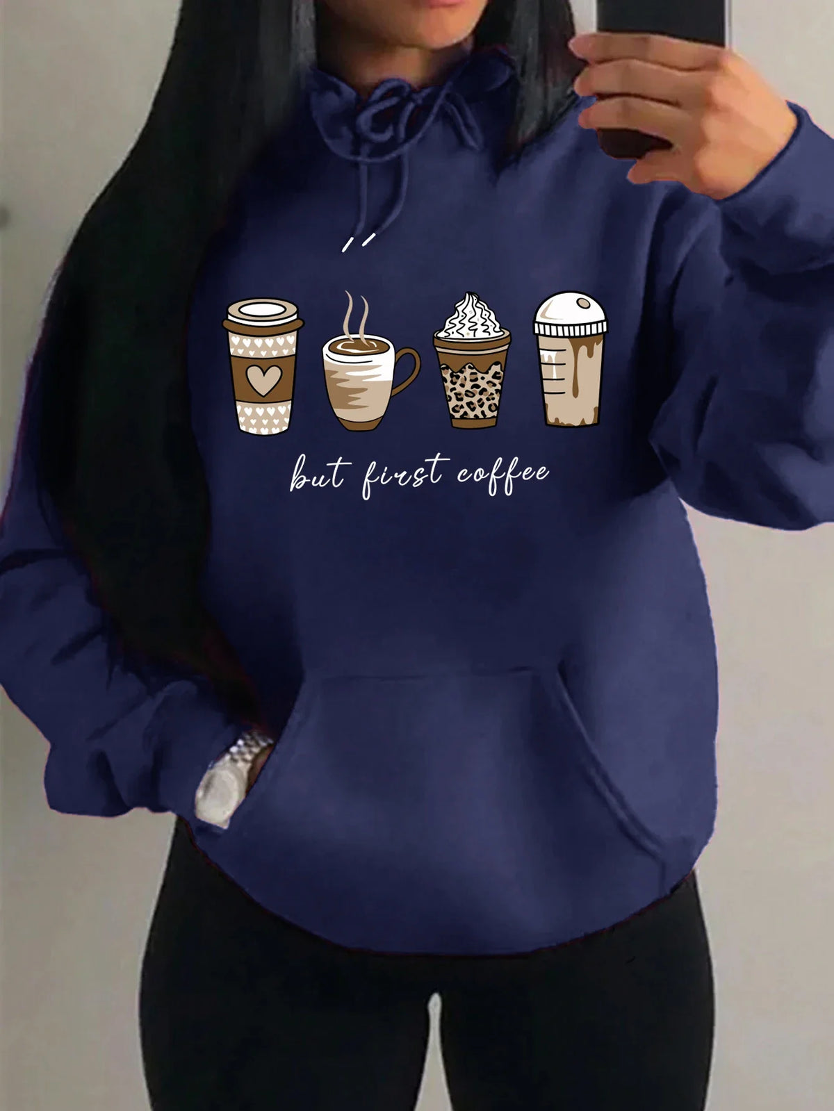 Damen Hoodie "But First Coffee" mit Kaffeetassen-Print Kapuzenpullover