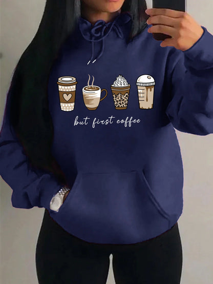 Damen Hoodie "But First Coffee" mit Kaffeetassen-Print Kapuzenpullover