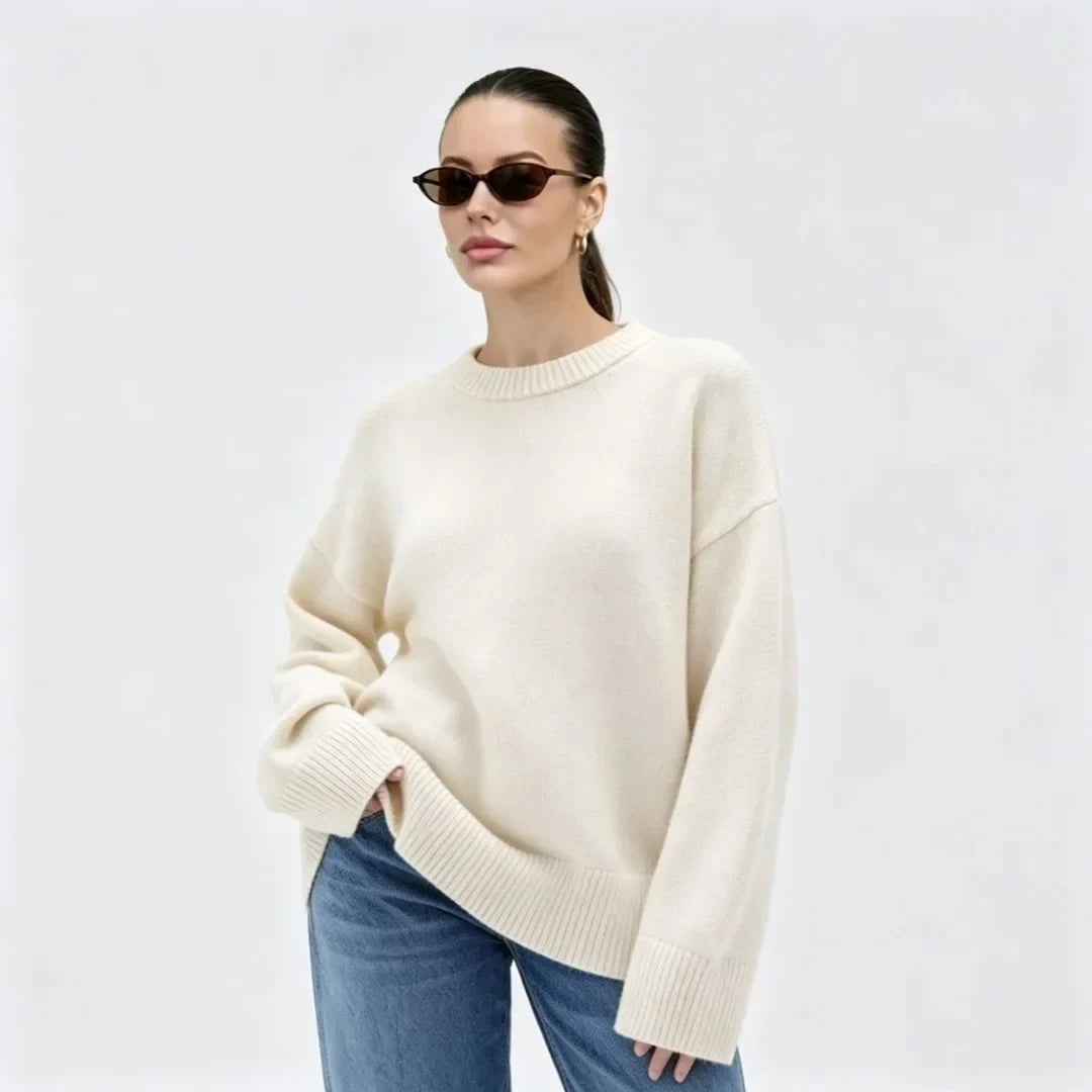Damen Oversize Pullover Rundhals Rippstrickbündchen Lange Ärmel