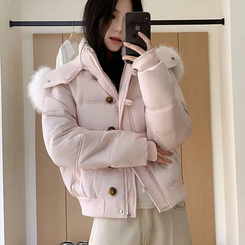 Damen Winter Steppjacke mit Kapuze & Pelzbesatz Hellrosa