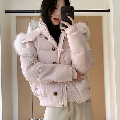 Damen Winter Steppjacke mit Kapuze & Pelzbesatz Hellrosa