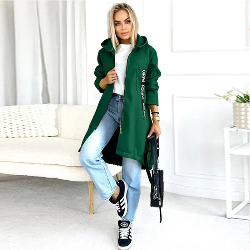 Damen Langer Kapuzenpullover mit Reißverschluss und Fronttasche, Langarm