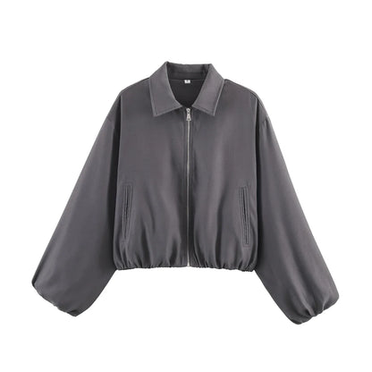 Damen Cropped Jacke Reißverschluss Stehkragen Langarm