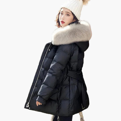 Damen Winter Daunenmantel mit Kapuze und Kunstfellkragen – Eleganter Steppmantel für kalte Tage