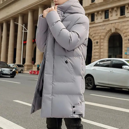 Herren Daunenparka Winterjacke mit Kapuze Stehkragen Lang Schwarz