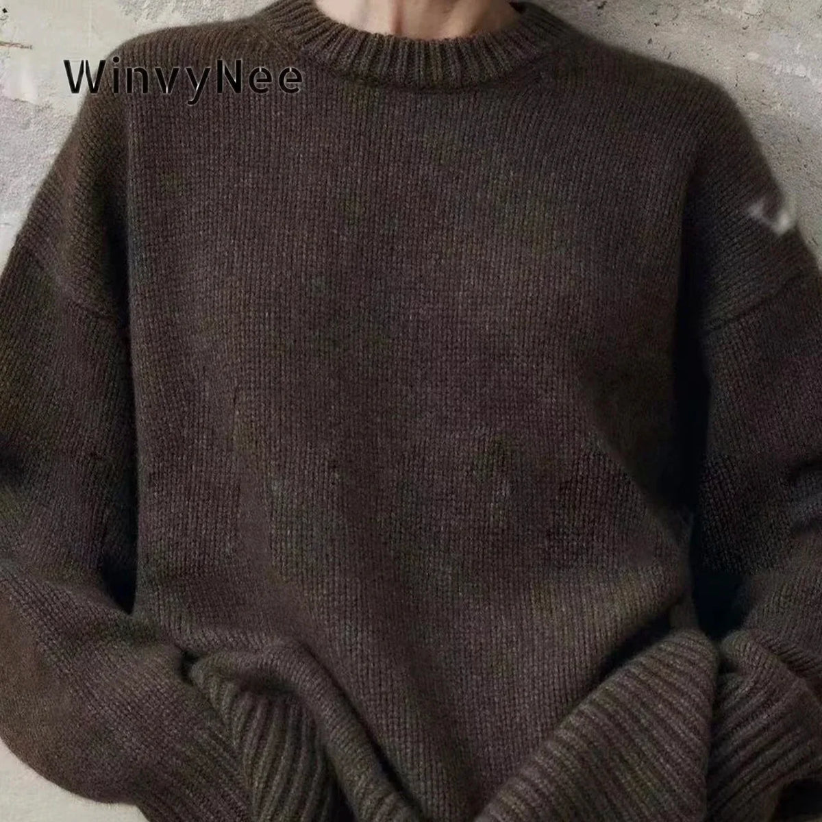 Damen Oversize Strickpullover Rundhals Langarm Rippbündchen