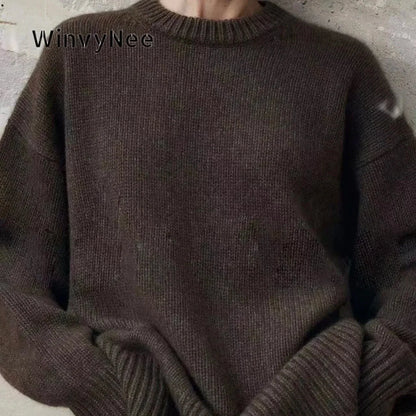 Damen Oversize Strickpullover Rundhals Langarm Rippbündchen