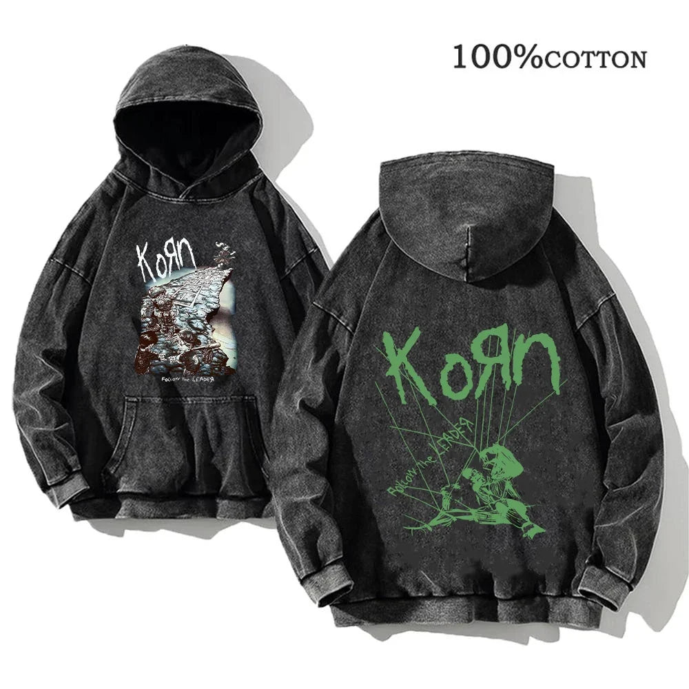 Unisex Kapuzenpullover Grau verwaschen mit Band-Print Vorn & Hinten