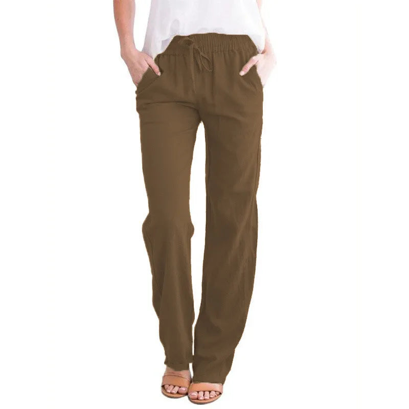Damen Freizeithose mit weitem Bein und Kordelzug, Leinen-Look, Elastischer Bund