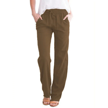 Damen Freizeithose mit weitem Bein und Kordelzug, Leinen-Look, Elastischer Bund
