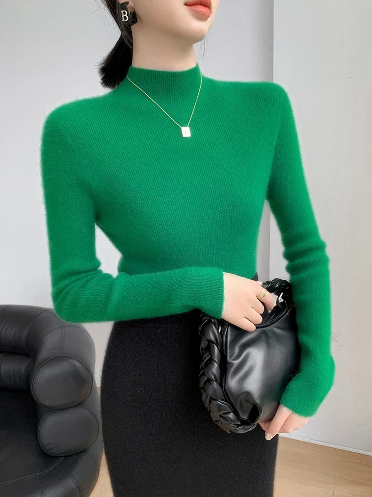 Damen Rollkragenpullover Gerippt Feinstrick Langarmshirt – Cremeweiß