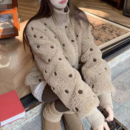 Damen Teddy Fleece Jacke Punkte Stehkragen Reißverschluss Beige