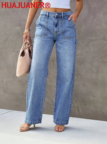 Damen Jeans Workerhose mit weitem Bein, Hellblau, High Waist, Vordertaschen