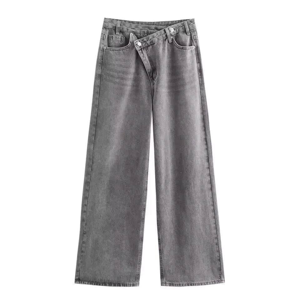 Damen Jeans Asymmetrischer Verschluss Hohe Taille Weites Bein