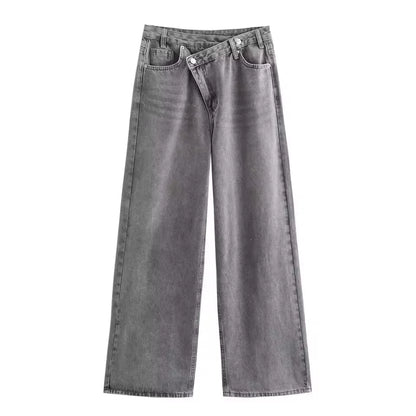 Damen Jeans Asymmetrischer Verschluss Hohe Taille Weites Bein