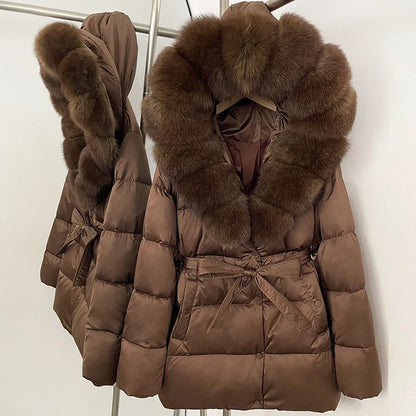 Damen Winter Steppjacke mit Kunstpelzkragen und Gürtel