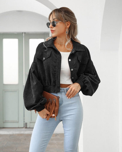 Damen Cropped Cordjacke mit Puffärmeln und Brusttaschen