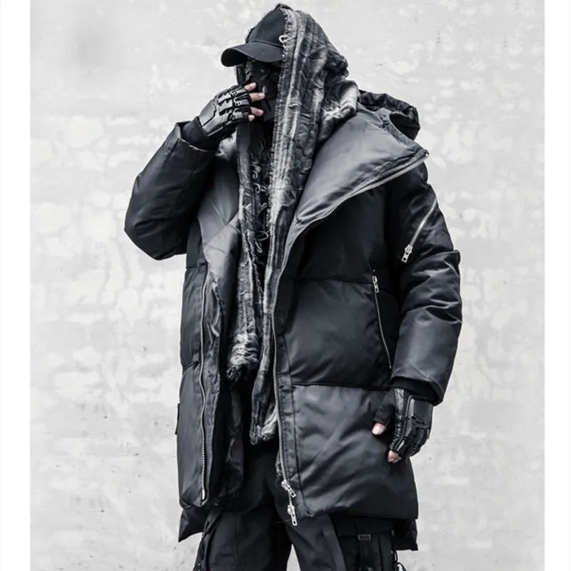 Unisex Winterjacke Schwarz mit Asymmetrischem Reißverschluss und Kapuze