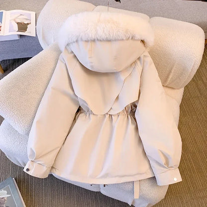 Damen Winterjacke Parka mit Kapuze und Kunstfellbesatz, verstellbare Taille